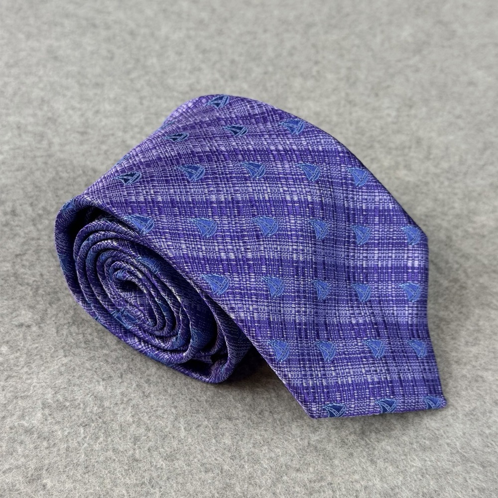 Vintage Jan Leslie Italy Silk Tie Purple Blue Sailboat Nautical Necktie 58x3.25"